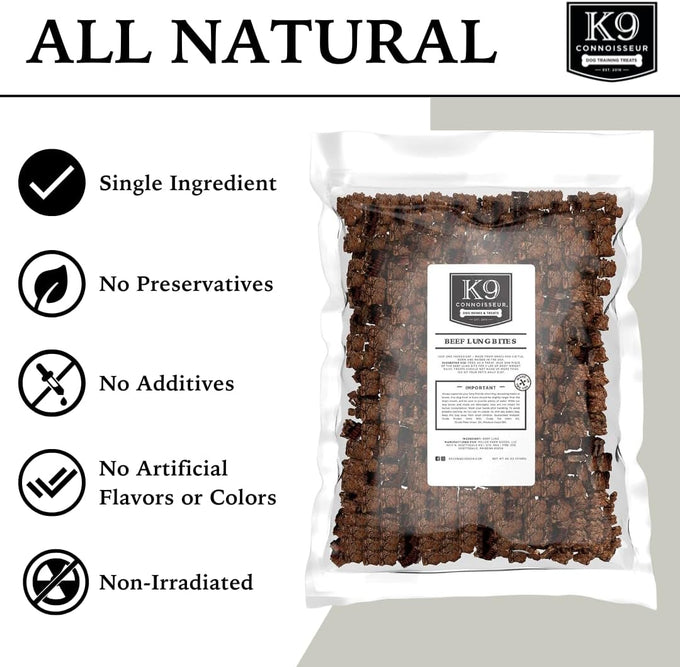 K9 Connoisseur beef lung treats, all natural, lean, grain free, bulk, USA made, single ingredient, for all breeds and sizes, 2.5 lbs