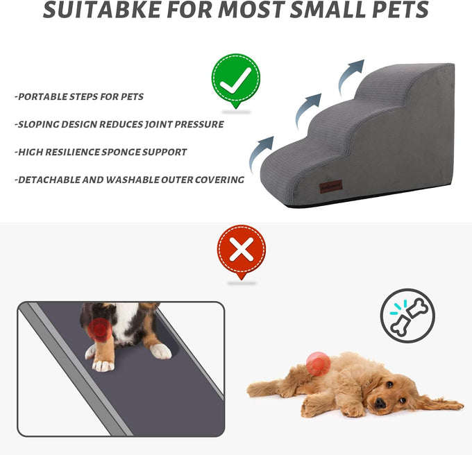 Aodisman 3-Step Grey Pet Ramp and Stairs for Sofa and Chair, 15.7" H, Non-Slip, Stable, Easy to Assemble