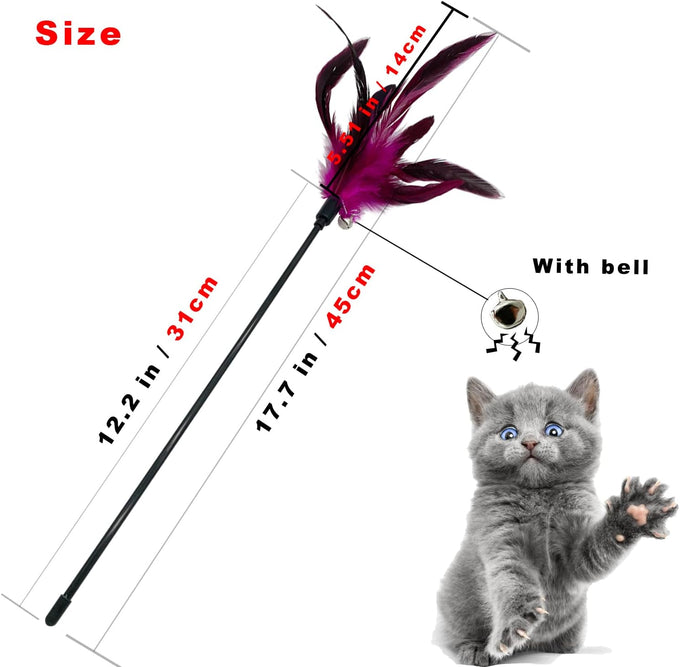 cat wand feather toys set, 6 pieces interactive cat toys for indoor cats, 17.7 in feather stick
