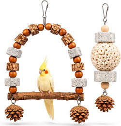 2 Pack Natural Bird Toys Set Arch Wood Swing Sola Ball, Cage Accessories for Cockatiel Conure Parakeets