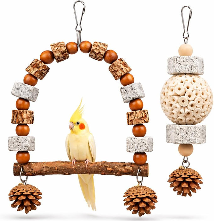 2 Pack Natural Bird Toys Set Arch Wood Swing Sola Ball, Cage Accessories for Cockatiel Conure Parakeets