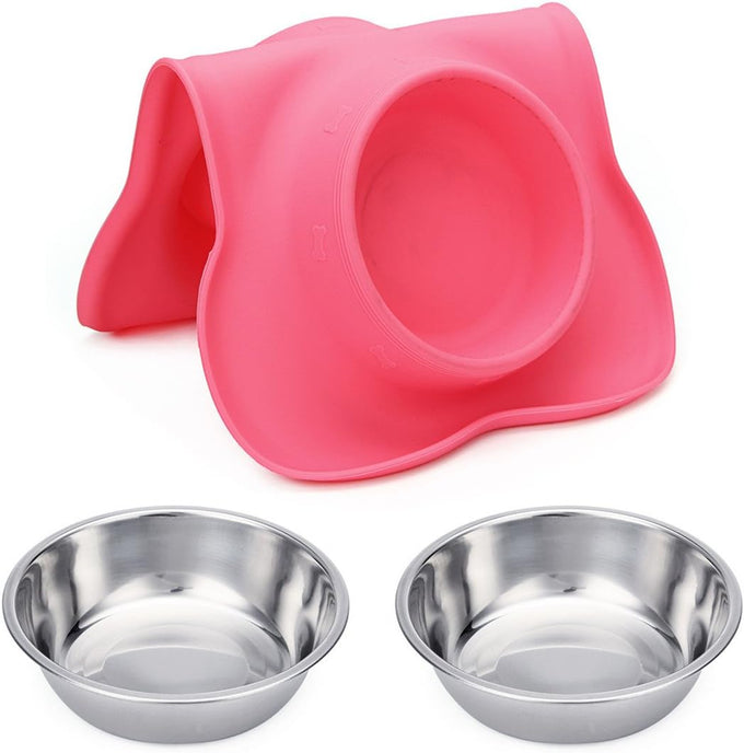 hubulk pet dog food and water bowls set with non-slip silicone mat and pet food scoop, pink, small