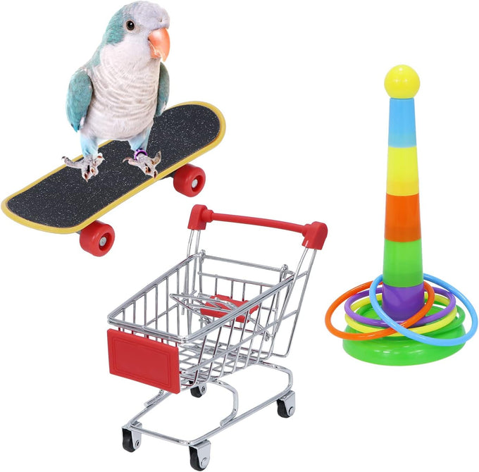 Wontee bird toys mini shopping cart skateboard ring toy set for parrot training and play (3-pack, assorted)