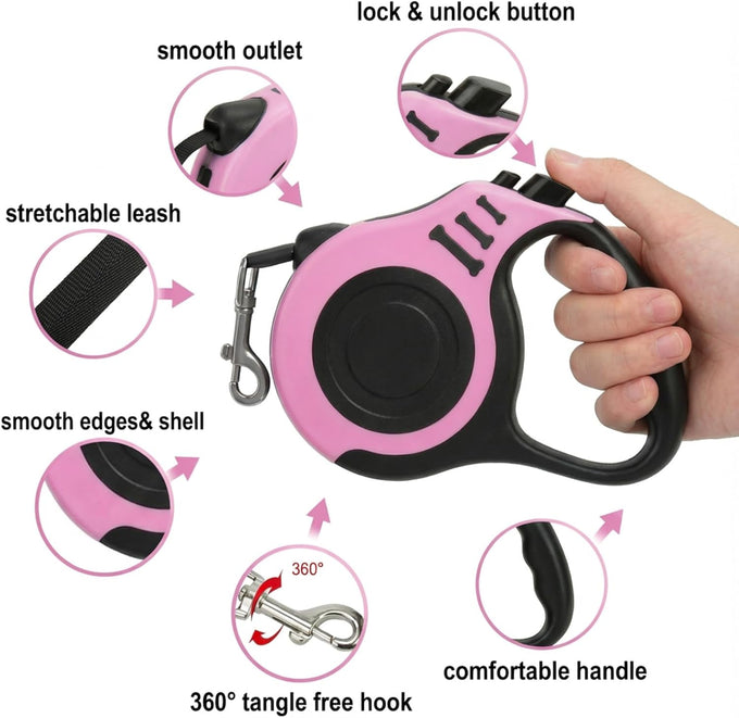 petimp lightweight 16ft retractable dog leash set with pink folding bowl and accessories