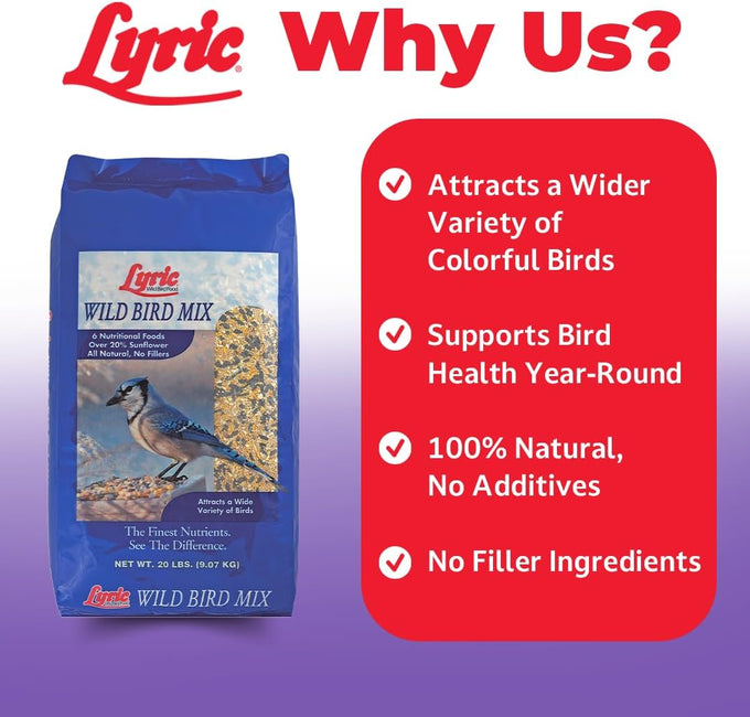 Lyric 20 lb All-Natural Wild Bird Mix with Corn, Nuts, and Sunflower Seeds for Outside Feeders