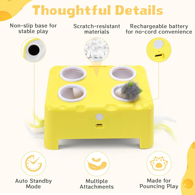 Cheese Box Interactive Cat Toy, 3-in-1 Whack a Mole Feather Toy for Indoor Cats, 4 Holes Kitten Toy, Yellow