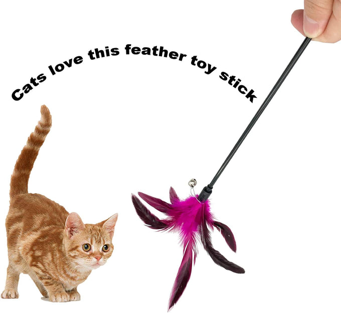 cat wand feather toys set, 6 pieces interactive cat toys for indoor cats, 17.7 in feather stick