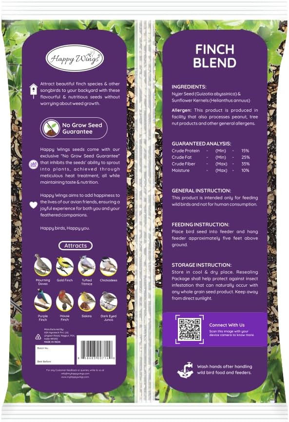 Happy Wings Finch Blend Bird Food, 5 Pounds, Mix of Sunflower Hearts/Kernels and Nyjer, No Grow Seed for Wild Birds