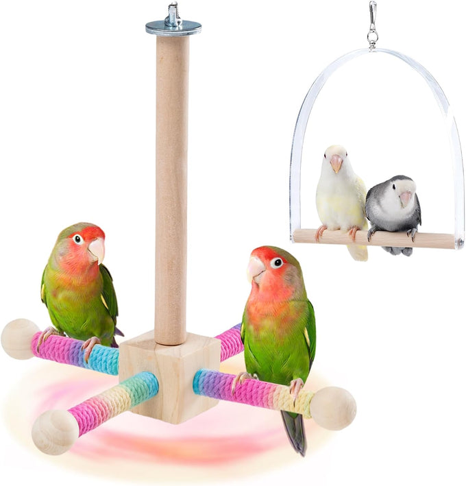 9" Wooden Bird Perch Toy for Cage, 360° Silent Free-Spin, Natural Material, Reduces Boredom Anxiety, for Small to Medium Birds, with Poplar Swing