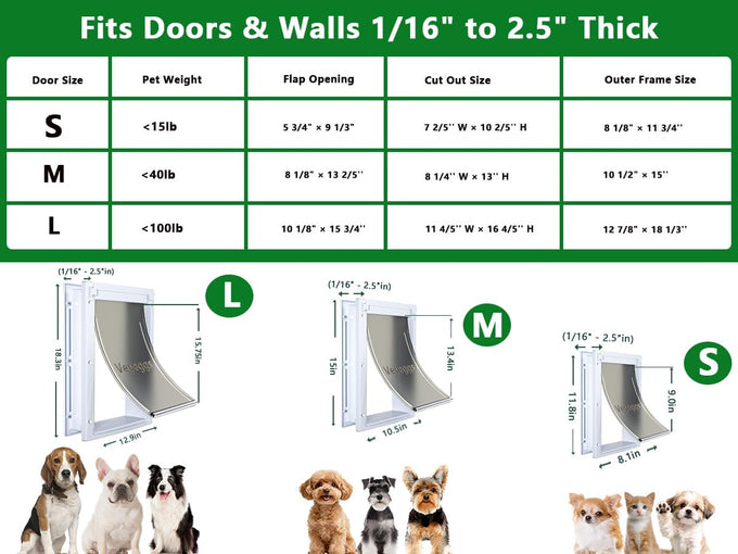 Large dog door for wood & PVC doors & walls, 10 1/8" x 15 3/4" flap opening, easy install, strong magnetic auto-close & sliding lock