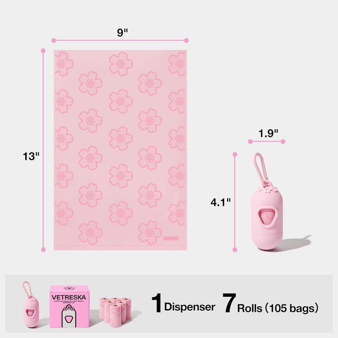 Vetreska pink cherry blossom scented dog poop bag dispenser with 105 leak proof pet waste bags for cats
