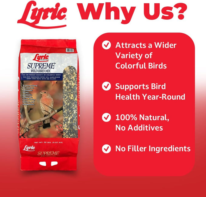 Lyric Supreme Wild Bird Seed Mix for Outside Feeders with Nuts & Sunflower Seeds, 40 lb Bag