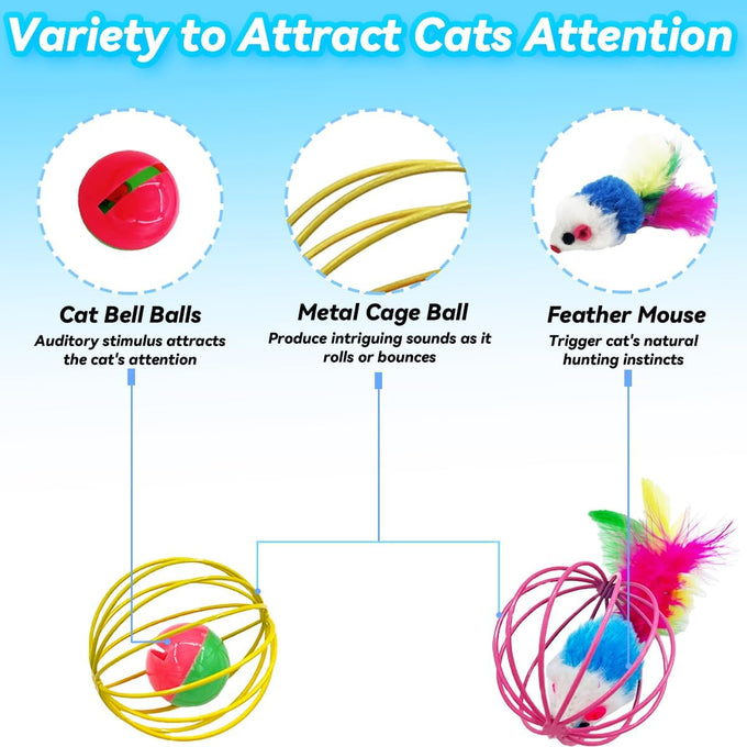 Cat Toys 6 Packs Interactive Metal Cage Balls for Indoor Cats, Mice, Bells, and Feather Mouse Toys