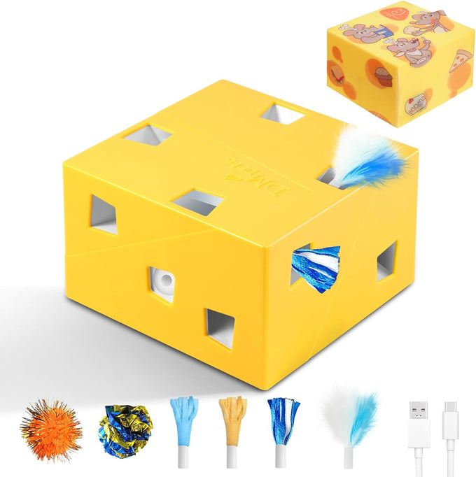 Migipaws Automatic MigiBox Plus Cat Toys 3-in-1 Interactive Pounce Mystery Under 12 Holes Rechargeable White Kitten Toy