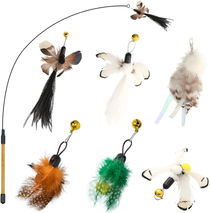 cat insect feather toys 6 pieces natural replacement refills interactive teaser attachments with bell