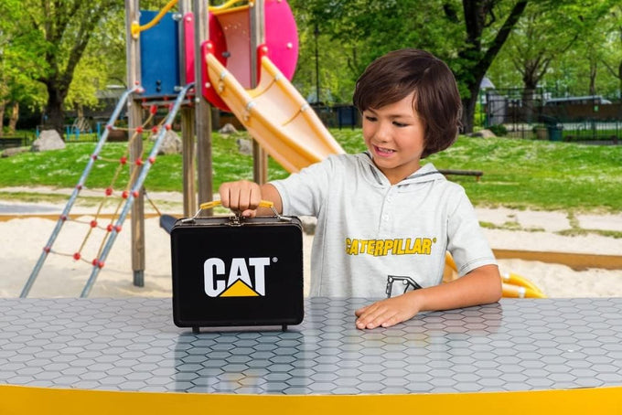 cat construction toys store n go playset tin travel case transforms into multi-level worksite, includes 2 little machines vehicles & 10+ accessories, portable stem toy for kids ages 3+