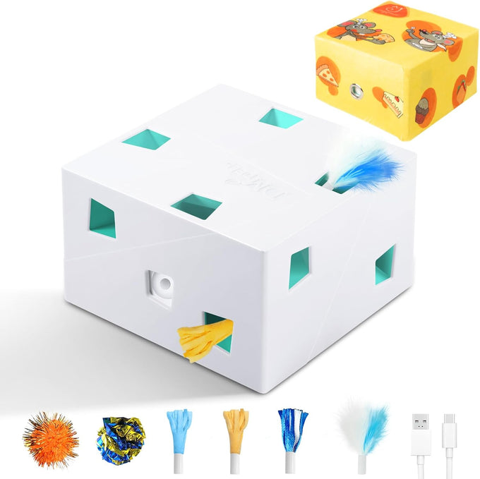 Migipaws Automatic MigiBox Plus Cat Toys 3-in-1 Interactive Pounce Mystery Under 12 Holes Rechargeable White Kitten Toy