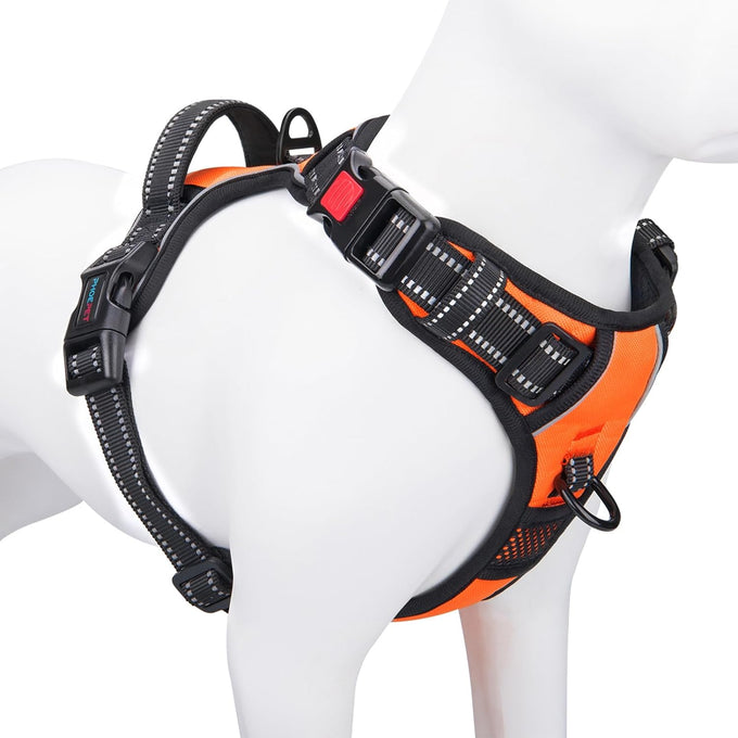 Phoepet medium size reflective dog harness with handle, easy to put on and take off, orange color