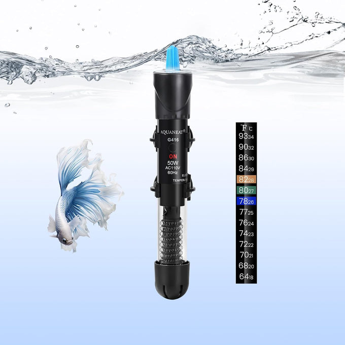 AQUANEAT 50W aquarium heater, 5-15 gallon tank, adjustable submersible 110V/60Hz water thermostat with thermometer