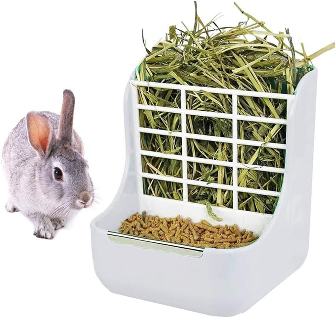 Rabbit and Small Pet Hay Feeder, Pink (Plastic), Adjustable, Removable Grass Rack, Stainless Steel Edge