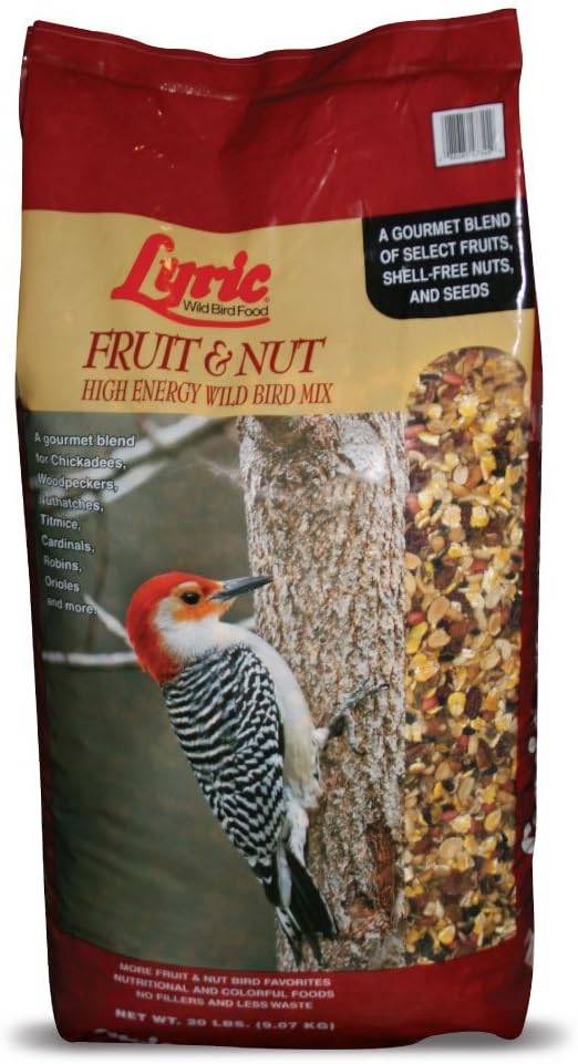 lyric fruit and nut wild bird seed mix - natural bird food for woodpeckers, chickadees, songbirds - 20 lb bag