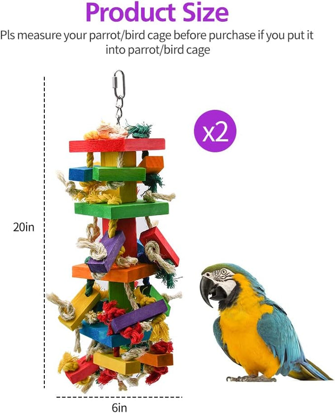 Ruby.Q 2 Pack Large Parrot Toy, Multicolored Wooden Chewing Toy for African Greys and Large Macaws, 20in