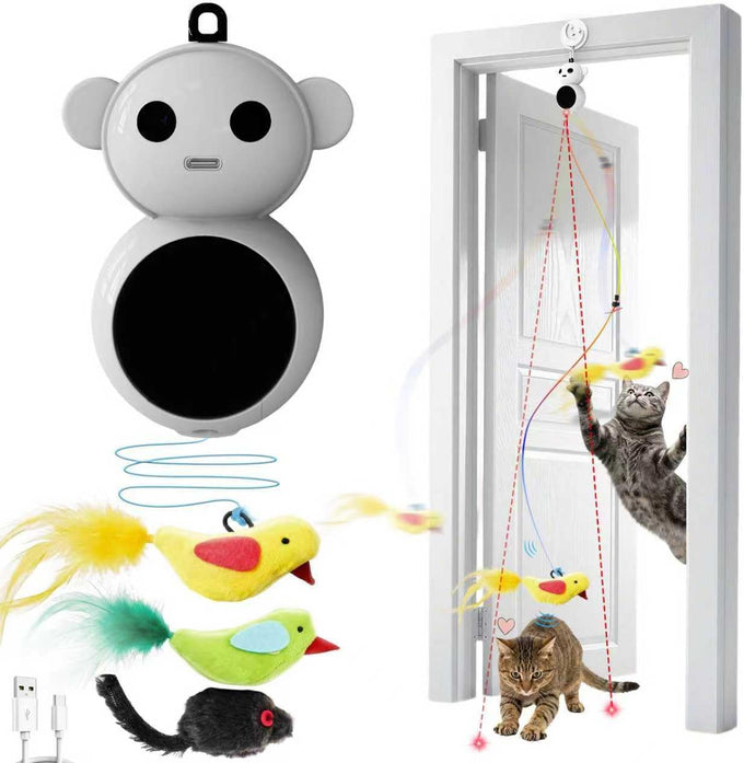 Interactive 2-in-1 Laser Pointer Cat Toy with Flying Bird and Smart Moving Wand