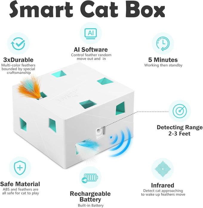 Migipaws Automatic MigiBox Plus Cat Toys 3-in-1 Interactive Pounce Mystery Under 12 Holes Rechargeable White Kitten Toy
