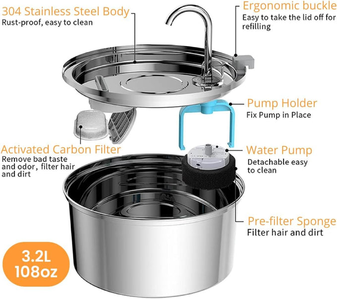 kittySpout stainless steel cat water fountain, 3.2L corded, automatic, quiet, dishwasher safe, 304 stainless steel, 1.5W pump, 20dB noise level