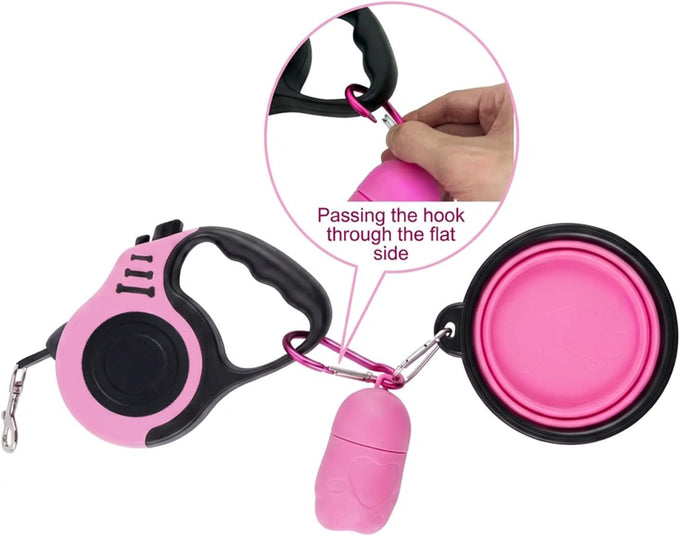 petimp lightweight 16ft retractable dog leash set with pink folding bowl and accessories