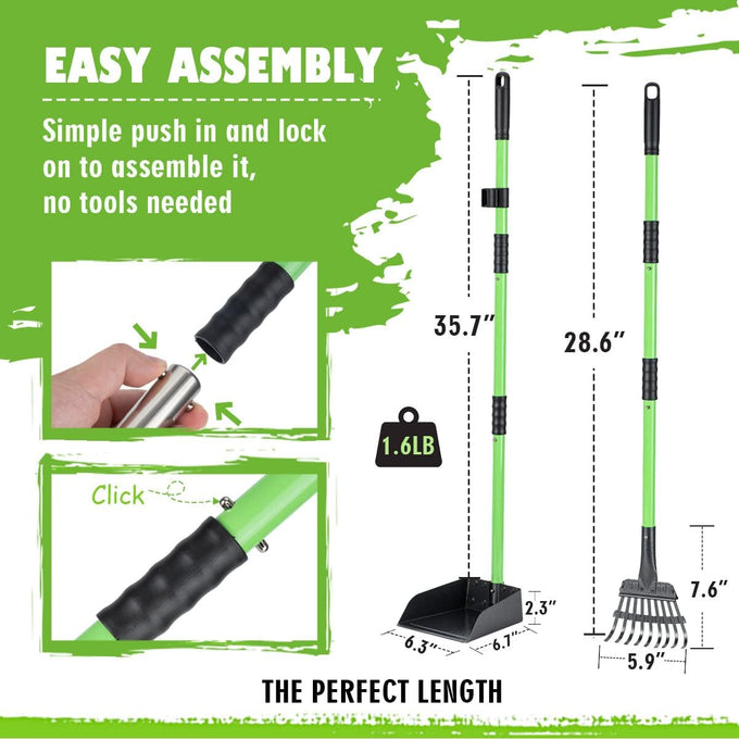 mxf pooper scooper, stainless metal tray and rake set, medium small dog use, long handle, heavy duty, pet supplies, green