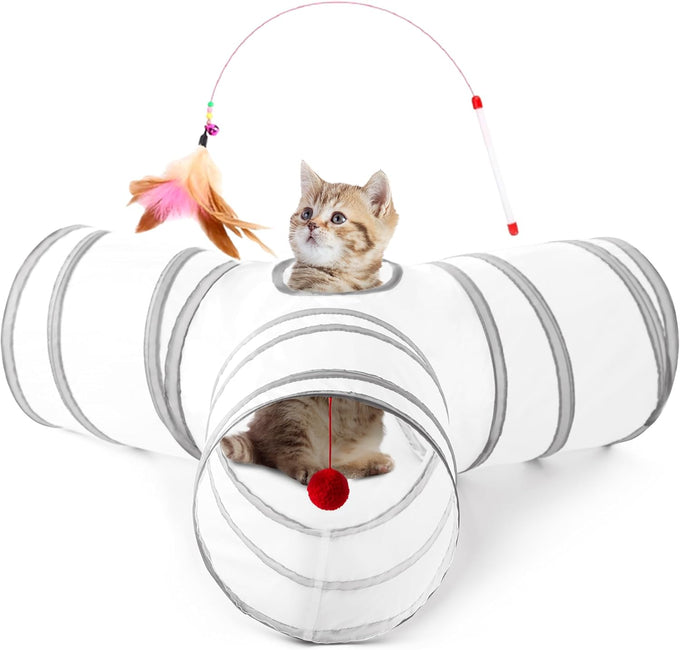 Tempcore 3-way collapsible cat tunnel for indoor cats, kittens, and small pets with peek hole and ball toy