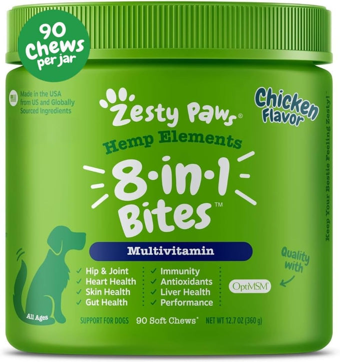 Zesty Paws Senior Dog Multivitamin Treats - Grain Free, Glucosamine for Dogs, Digestive Enzymes, Probiotics, and Skin & Coat Suppliments - Beef - Advanced - 90ct