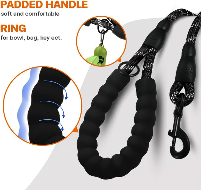Taglory 6 ft rope dog leash with padded handle and reflective threads for medium large dogs, 1/2 inch, black