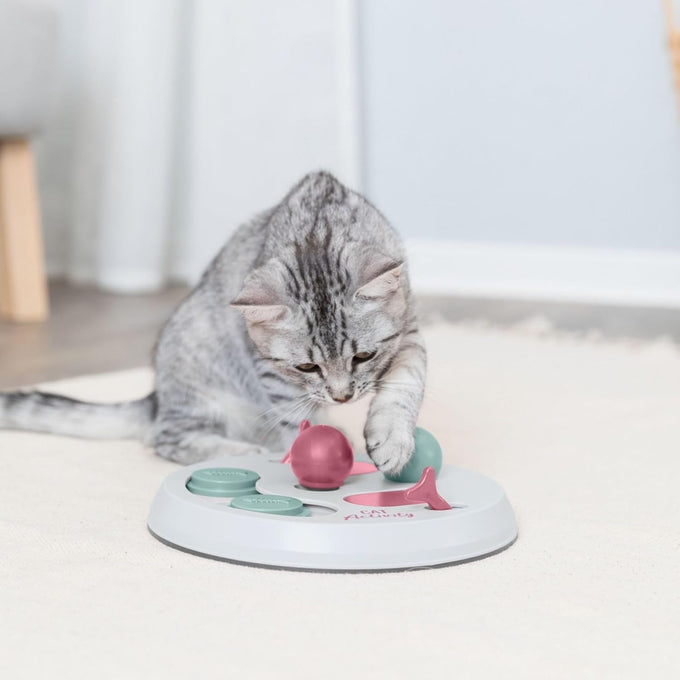 Trixie Cat Activity Flip Board - 4-module treat puzzle enrichment toy for indoor cats - Berry/Gray, 9x9x2.5in