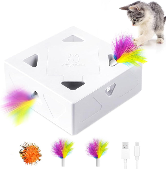 Migipaws Automatic MigiBox Plus Cat Toys 3-in-1 Interactive Pounce Mystery Under 12 Holes Rechargeable White Kitten Toy