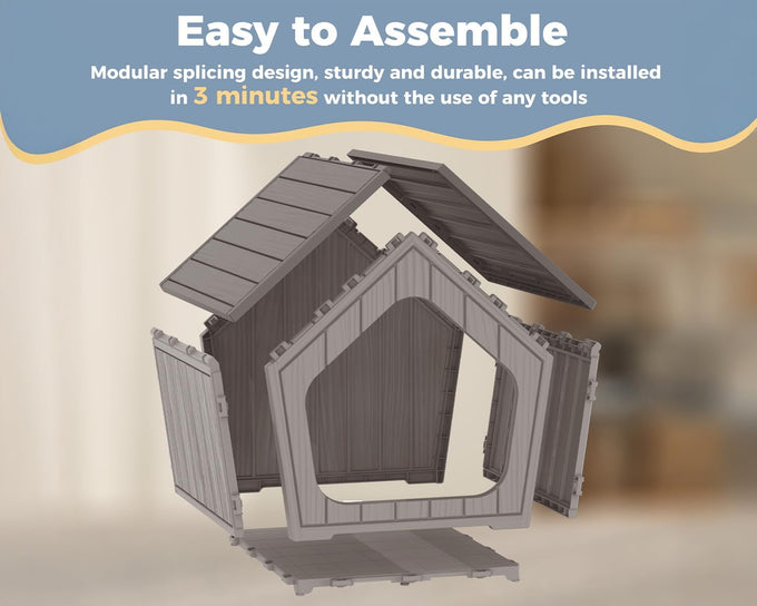 Vixzen grey small dog resin material doghouse outdoor indoor weatherproof pet shelter with air vents easy assembly