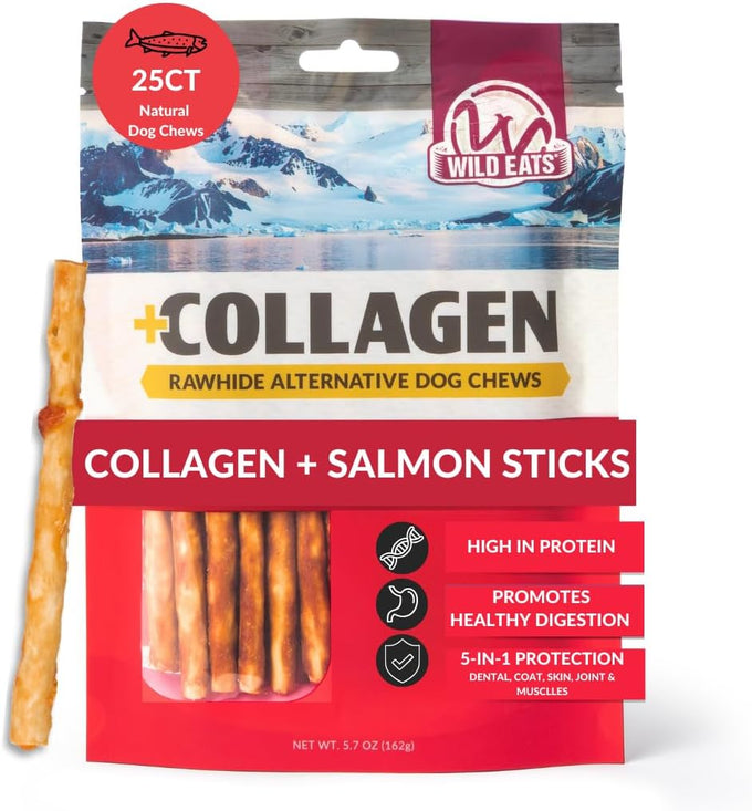 Wild Eats Collagen Real Salmon Bully Sticks for Dogs 25ct, Long Lasting Grain Free High Protein Dog Chews