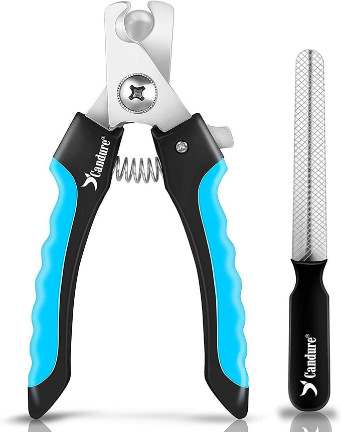 Candure pet nail clippers with safety guard for medium-large breeds, nail file, and ergonomic design