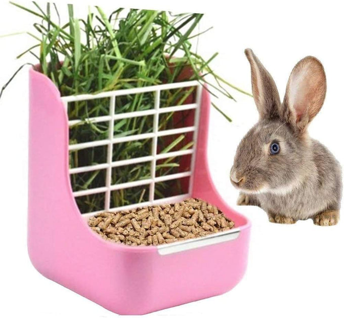 Rabbit and Small Pet Hay Feeder, Pink (Plastic), Adjustable, Removable Grass Rack, Stainless Steel Edge
