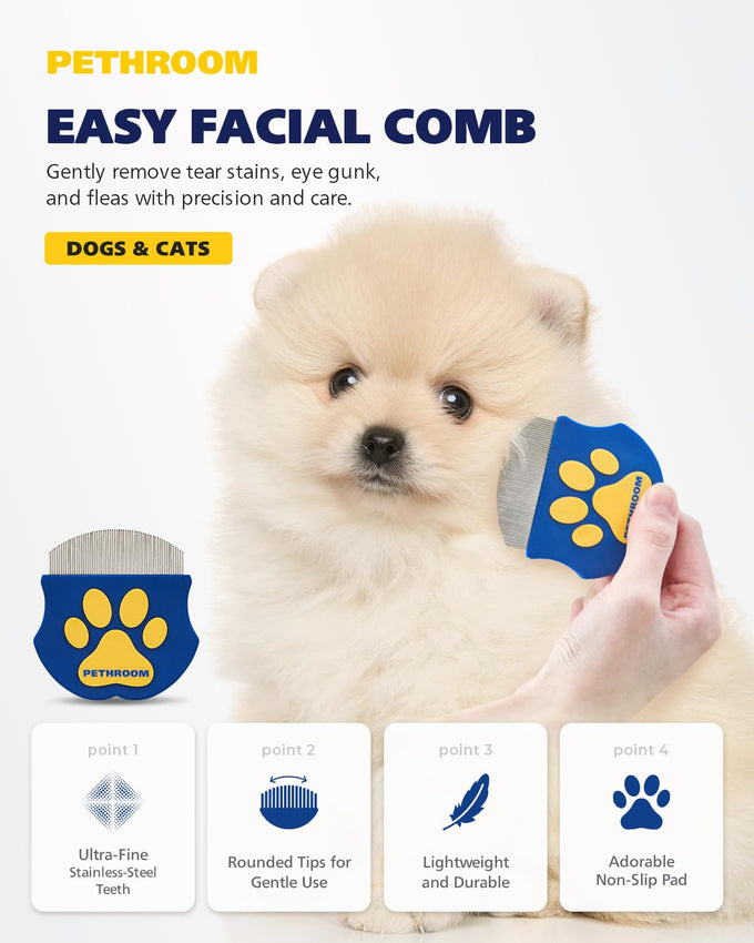 Pethroom stainless steel pet eye comb for cats and dogs, gentle grooming tool with compact design
