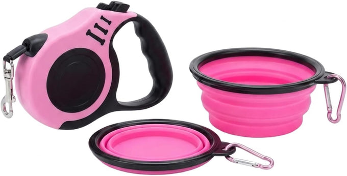petimp lightweight 16ft retractable dog leash set with pink folding bowl and accessories