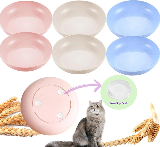 6-pack cat food bowls with non-slip feet, shallow relief, 5.5" wide, bpa-free, dishwasher safe