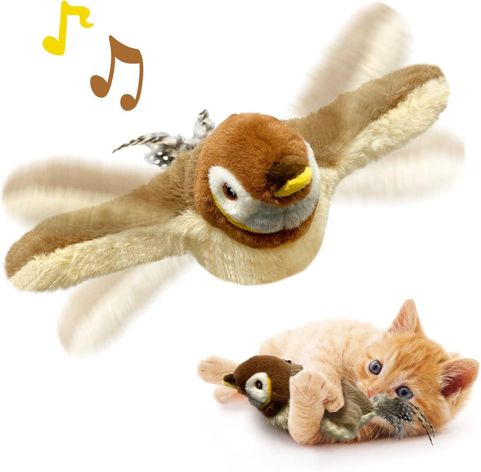 Flapping Wings Sparrow Catnip Toy, Touch Activated, Rechargeable, Chirping Bird Interactive Toy for Kittens and Small Dogs