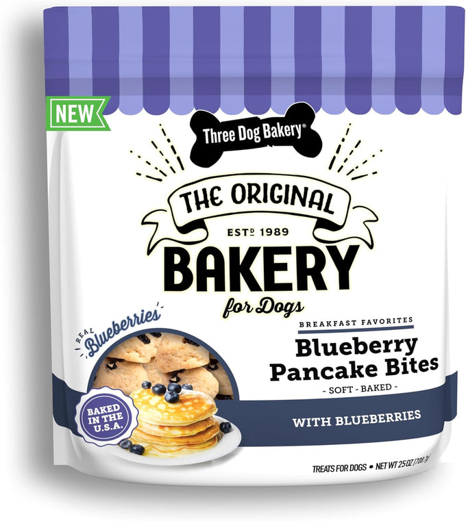 Three Dog Bakery Blueberry Pancake Bites, Treats with Real Blueberries & Vanilla, Mess-Free Snacks for Dogs & Puppies