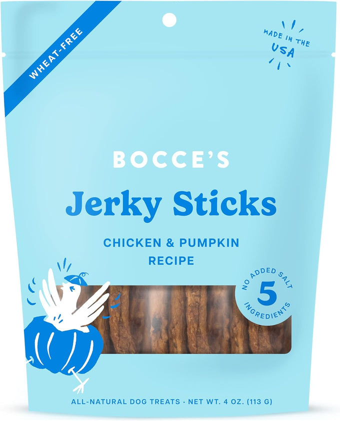 Bocce's Bakery low-sodium, high-protein, wheat-free chicken & pumpkin jerky dog treats, 4 oz, made in USA
