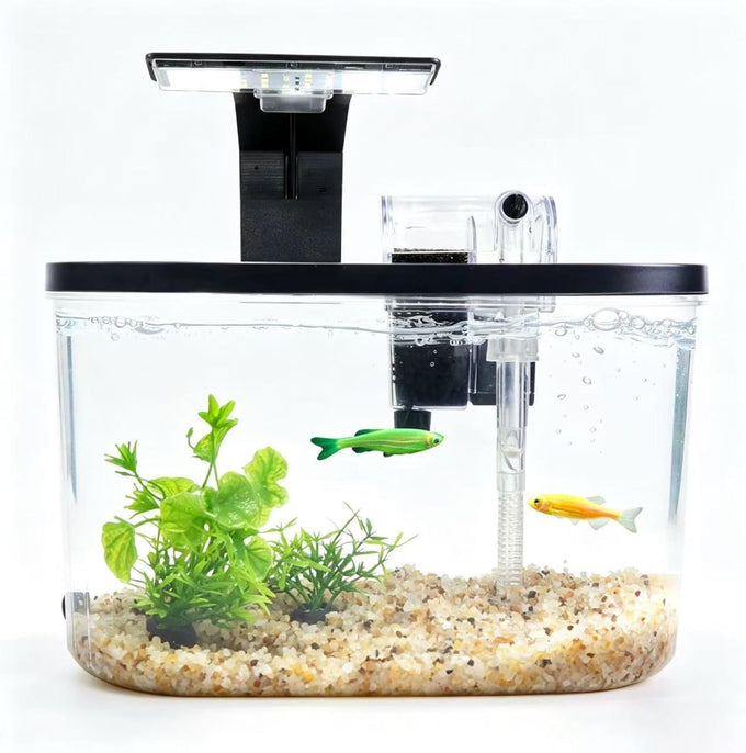 1.7 gallon acrylic aquarium starter kit with LED light and quiet filter, desktop betta fish tank for office or home