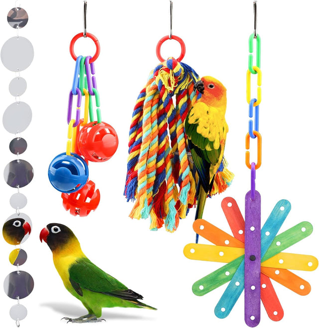 Quozuo small bird toys for parakeets, parrot, cockatiel, 4-piece bird cage accessories set