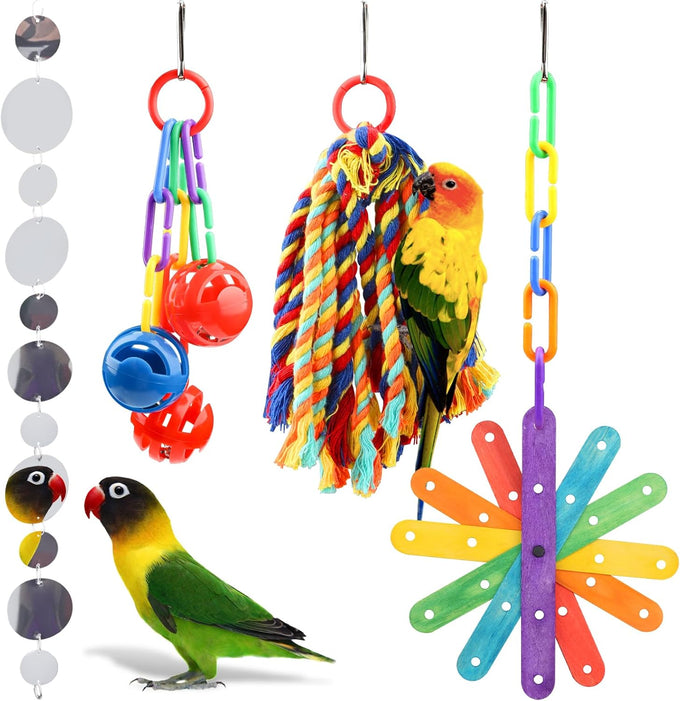 Quozuo small bird toys for parakeets, parrot, cockatiel, 4-piece bird cage accessories set