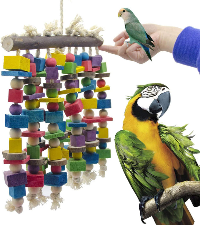 Deloky multicolored natural wooden bird parrot chewing toy for large macaws, cockatoos, african greys and amazon parrots
